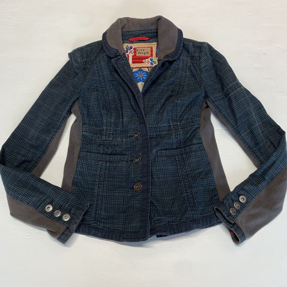 Free People Sz 4-6 Embroidered Back Navy Plaid Mixed Fabric Cotton Blazer Jacket